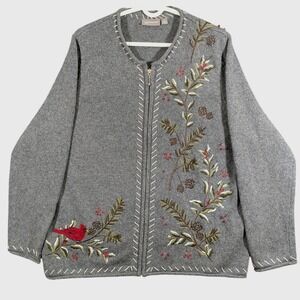 Croft & Barrow Womens Zip Up Gray Cardigan Sweater Embroidered Cardinals Size 1X